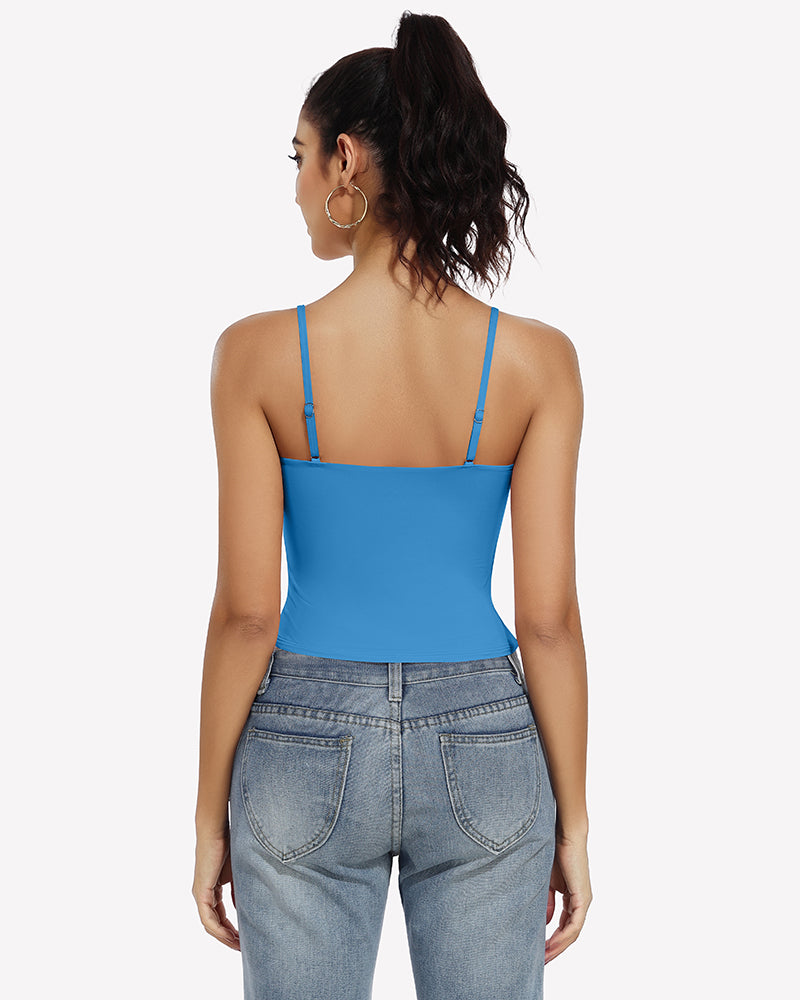 Blue double-lined tank top crop top, open back with slim adjustable straps