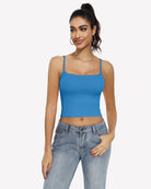 Blue double-lined tank top crop top with square neckline and thin straps