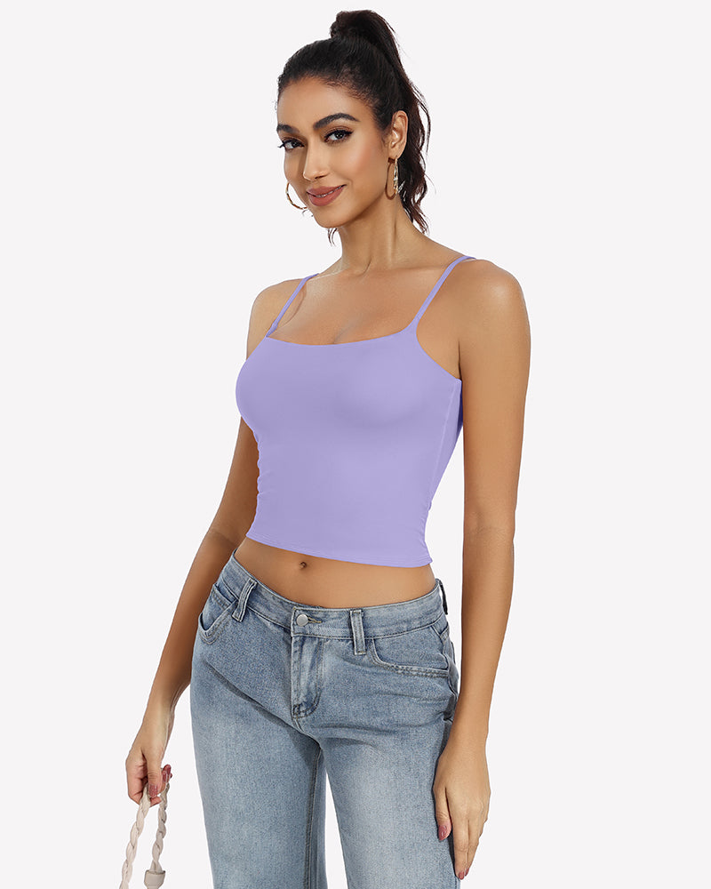 Lilac double-lined tank top crop top with square neckline and thin straps