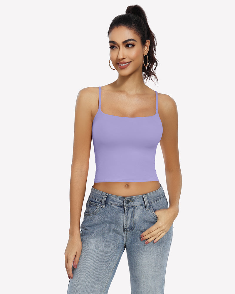 Lilac double-lined square-neck crop tank top with spaghetti straps