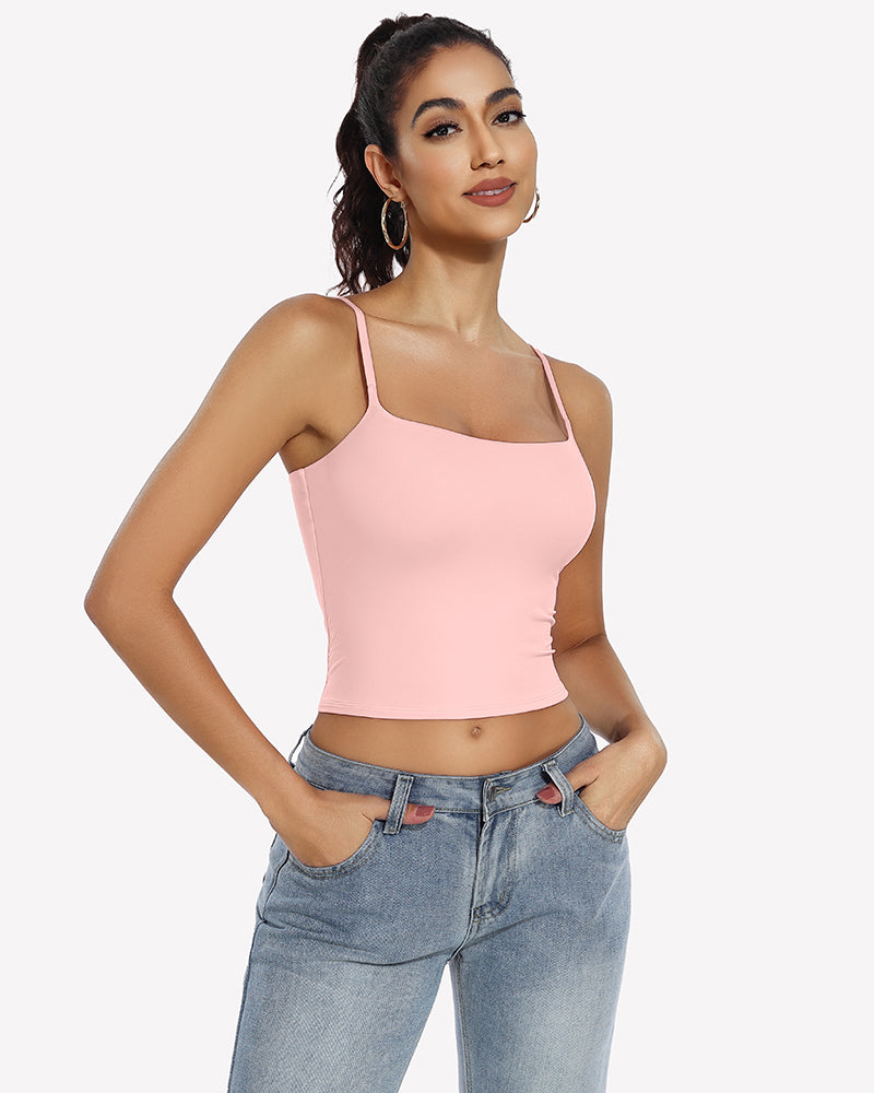 Double lined crop tank top in light pink, square neckline, spaghetti straps