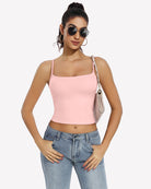 Light pink double-lined tank top crop top with square neckline and thin straps