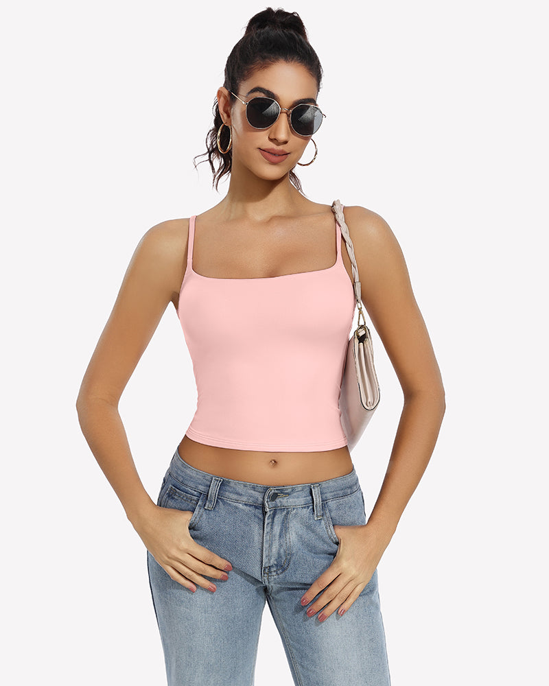 Light pink double-lined tank top crop top with square neckline and thin straps