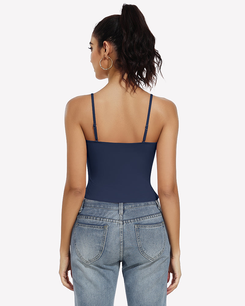 Double lined crop tank top in navy from back, spaghetti straps