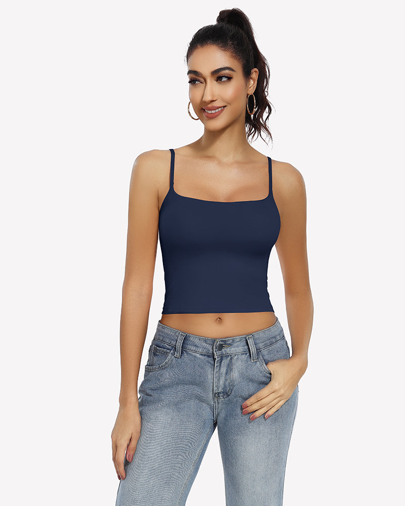 Double lined crop tank top in navy, square neckline, spaghetti straps