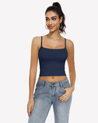 Double lined crop tank top in navy, square neckline, spaghetti straps
