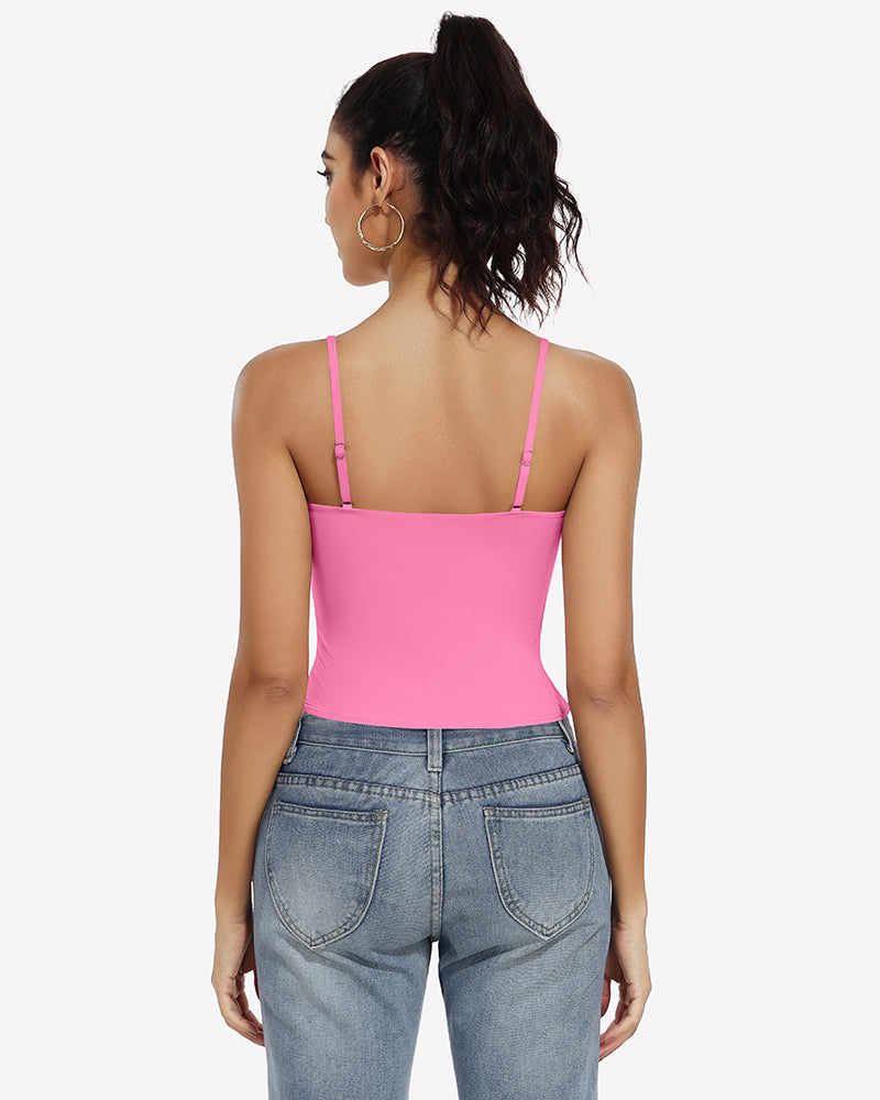 Double lined crop tank top in hot pink from back, spaghetti straps