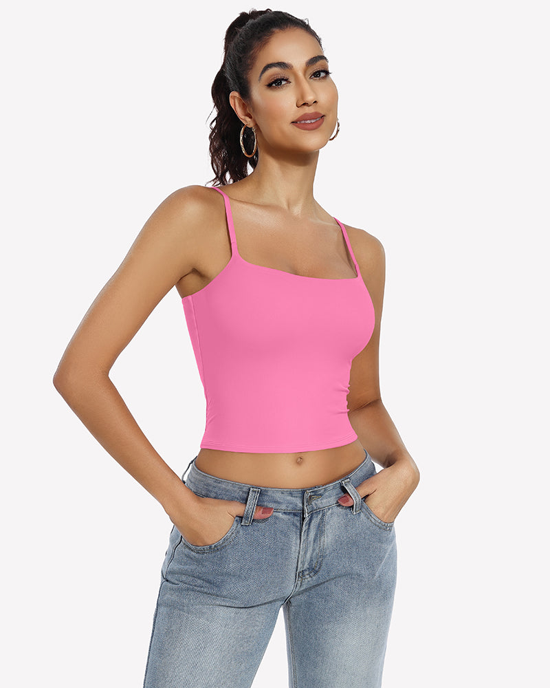 Double lined crop tank top in hot pink, square neckline, spaghetti straps