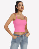 Double lined crop tank top in hot pink, square neckline, spaghetti straps