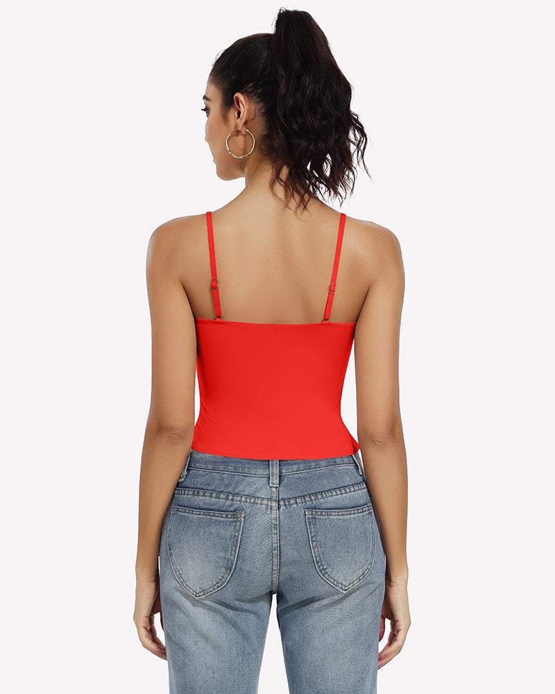 Double lined crop tank top in red from back, spaghetti straps