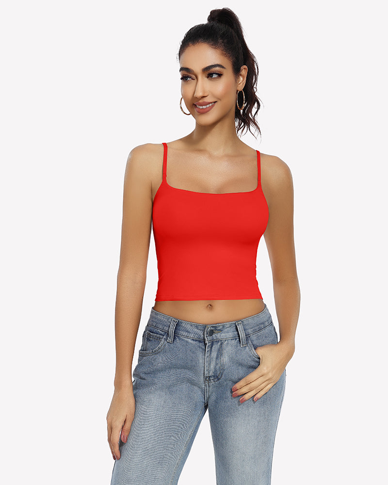 Double lined crop tank top in red, square neckline, spaghetti straps