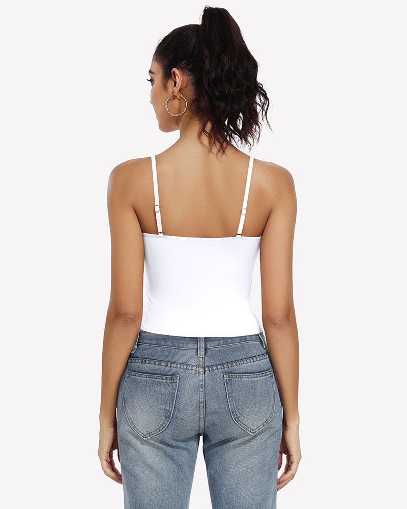 Double lined crop tank top in white from back, spaghetti straps