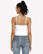 Double lined crop tank top in white from back, spaghetti straps