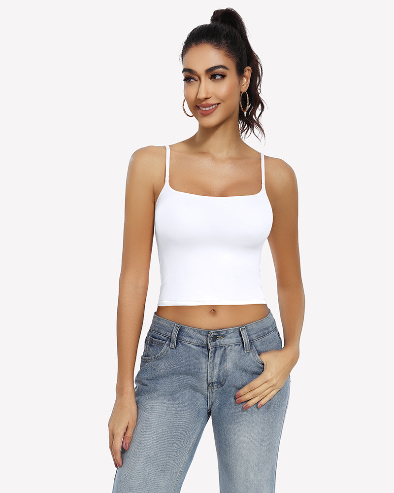 Double lined crop tank top in white, square neckline, spaghetti straps