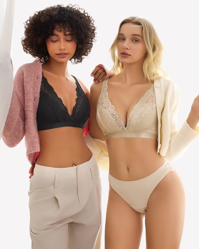 Light khaki lace wireless bralette with V-neck and adjustable shoulder straps