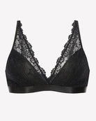 Black lace wireless bralette front with deep V neckline and scalloped lace trim