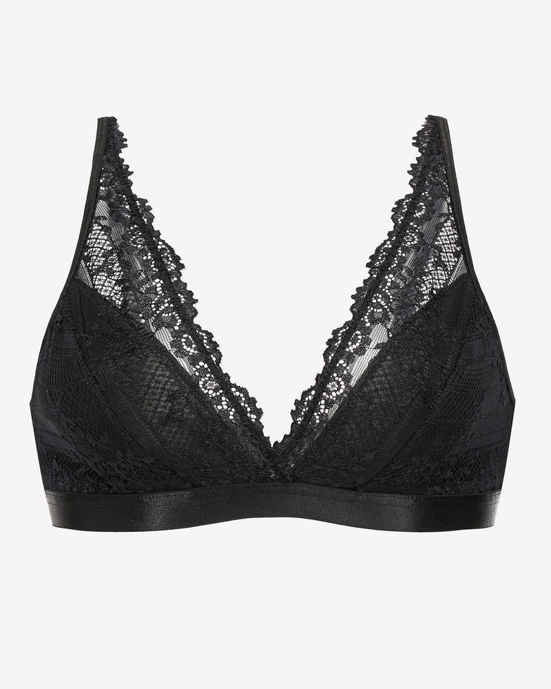 Black lace wireless bralette front with deep V neckline and scalloped lace trim