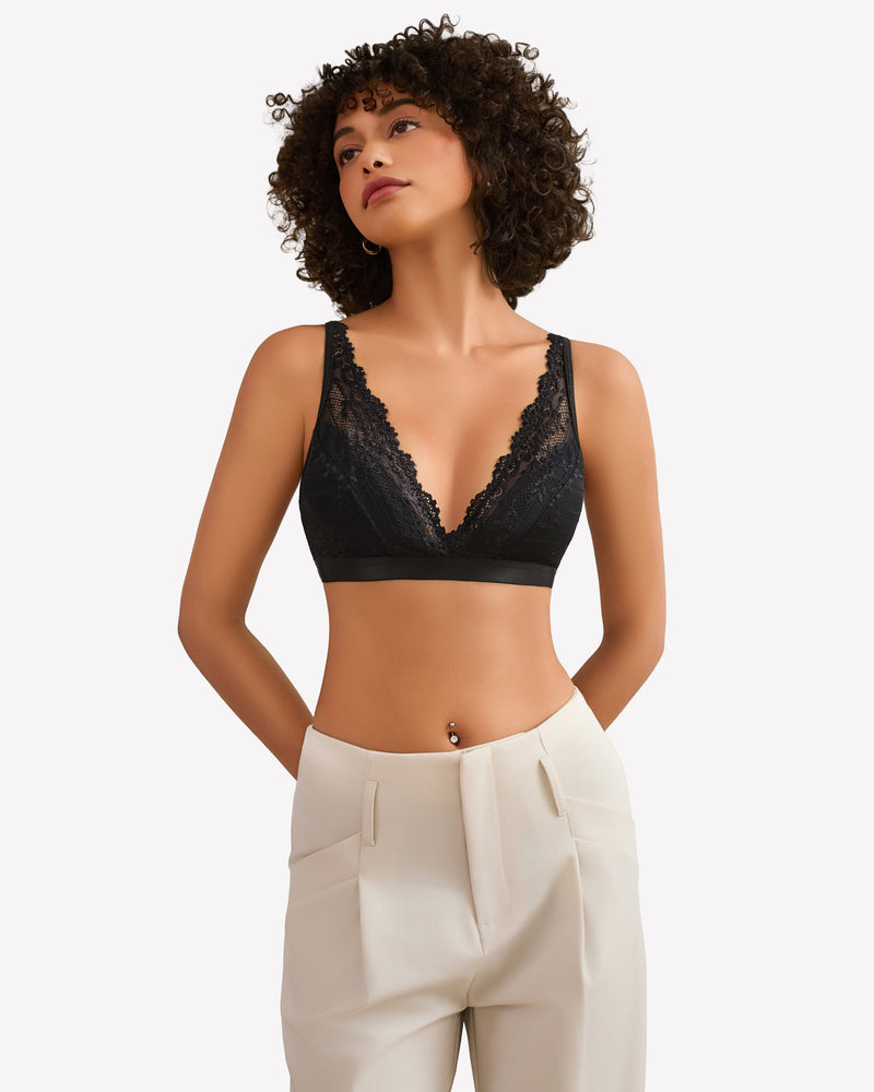 Black lace wireless bralette with scalloped V-neck and soft underband