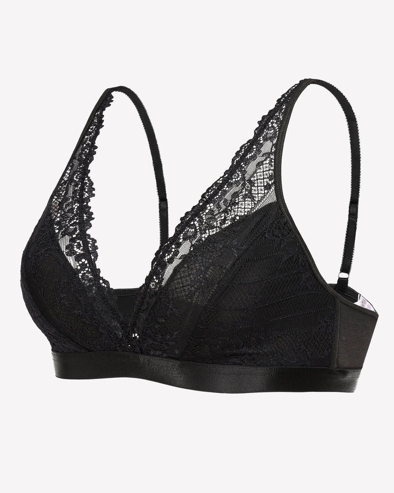 Black lace wireless bralette side view with lace cups and adjustable straps