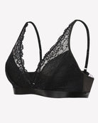 Black lace wireless bralette side view with lace cups and adjustable straps