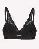 Black lace wireless bralette with adjustable straps and flat soft band