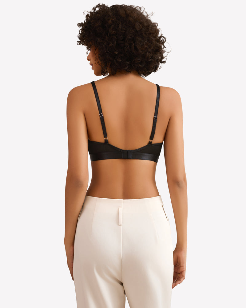 Black lace wireless bralette back view with adjustable thin straps