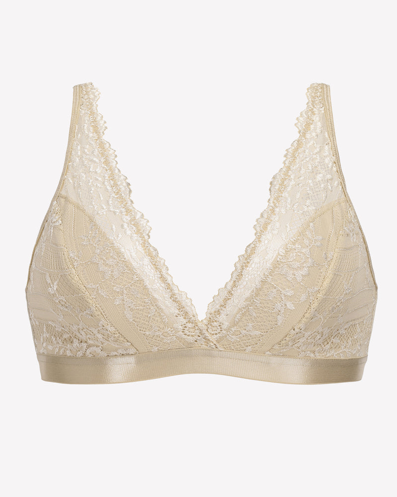 Light khaki lace wireless bralette with scalloped V-neck and mesh lace cups