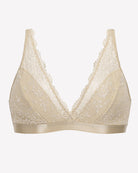 Light khaki lace wireless bralette with scalloped V-neck and mesh lace cups