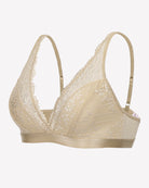 Light khaki lace wireless bralette, angled view with lace cups and straps