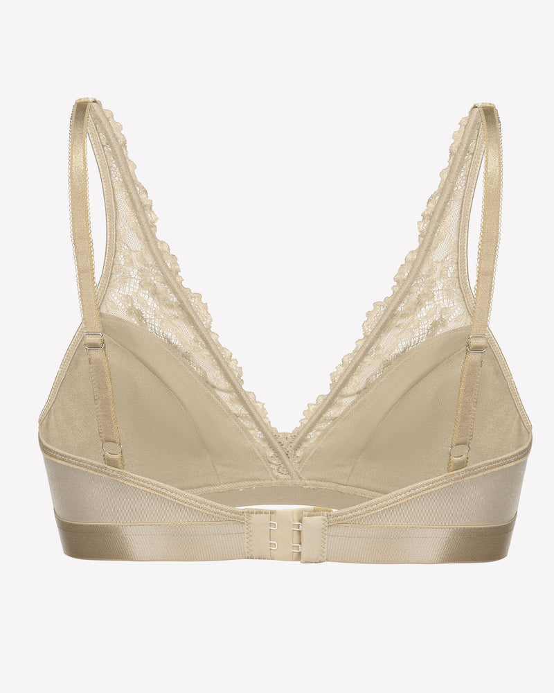 Light khaki lace wireless bralette with adjustable back closure and scalloped trim