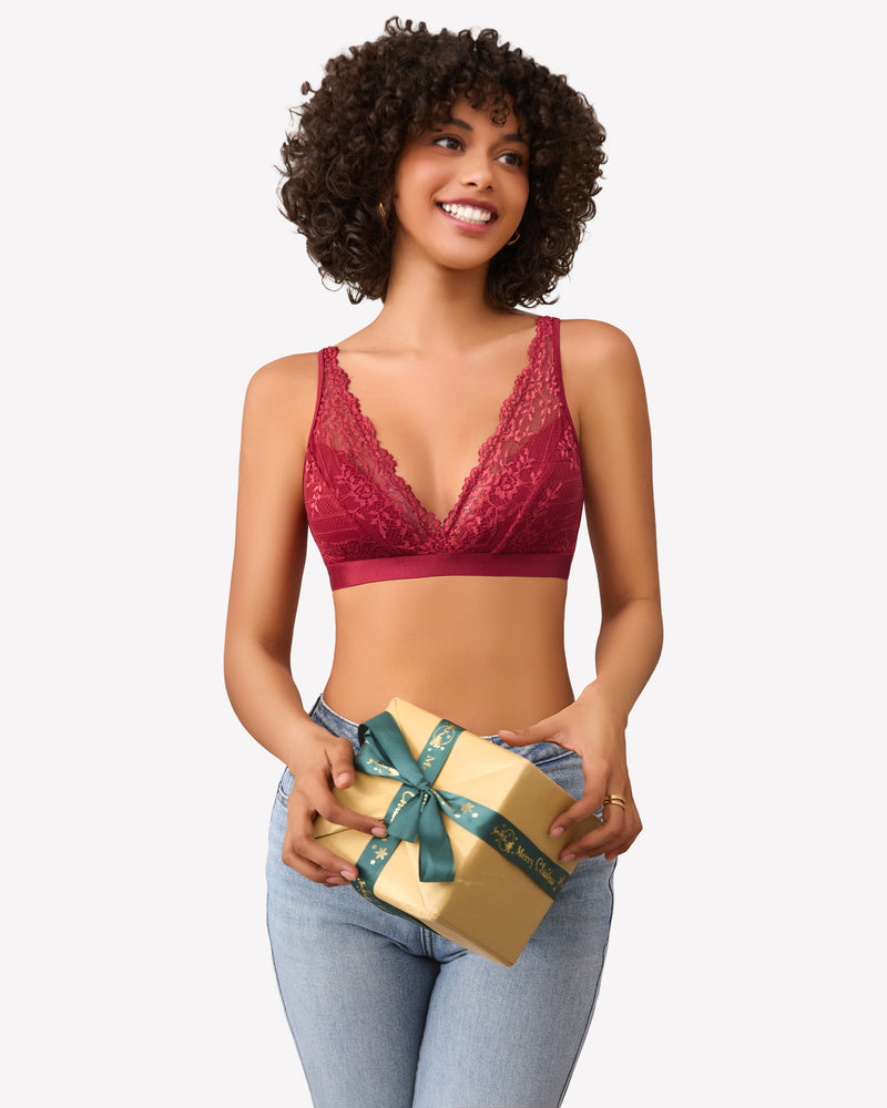Dark red lace wireless bralette with deep V neckline and scalloped lace trim