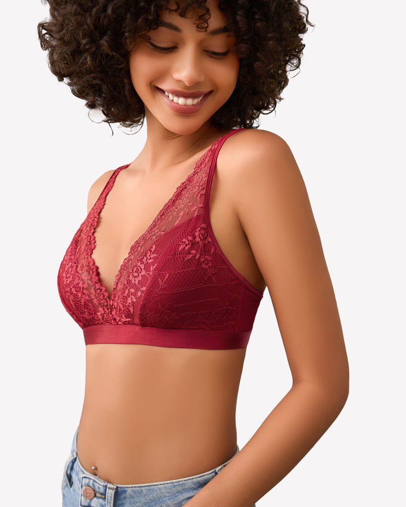 Dark red lace wireless bralette front with lace cups and adjustable straps