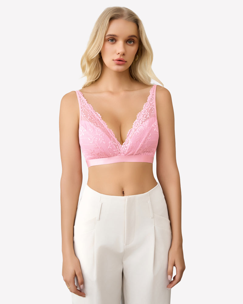 Pink lace wireless bralette with deep V neckline and scalloped lace trim