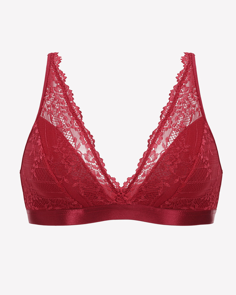 Red lace wireless bralette with scalloped V-neck and wide underband