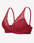 Red lace wireless bralette back view with adjustable shoulder straps