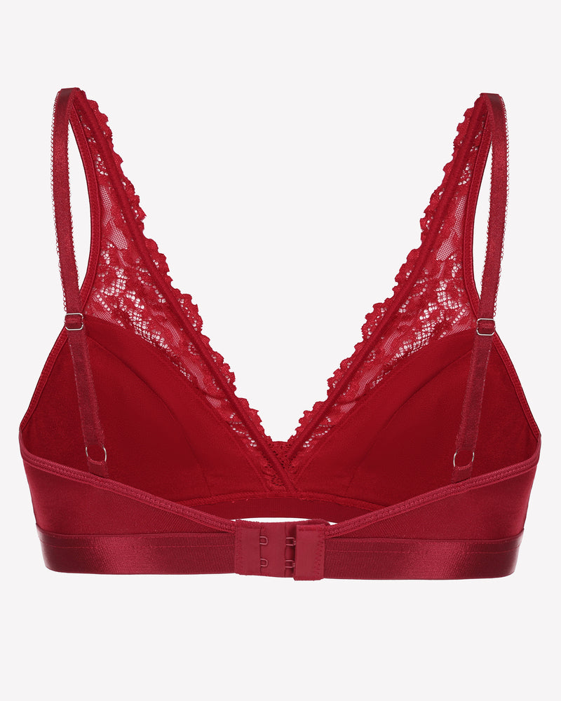 Red lace wireless bralette with adjustable back straps and wide elastic band