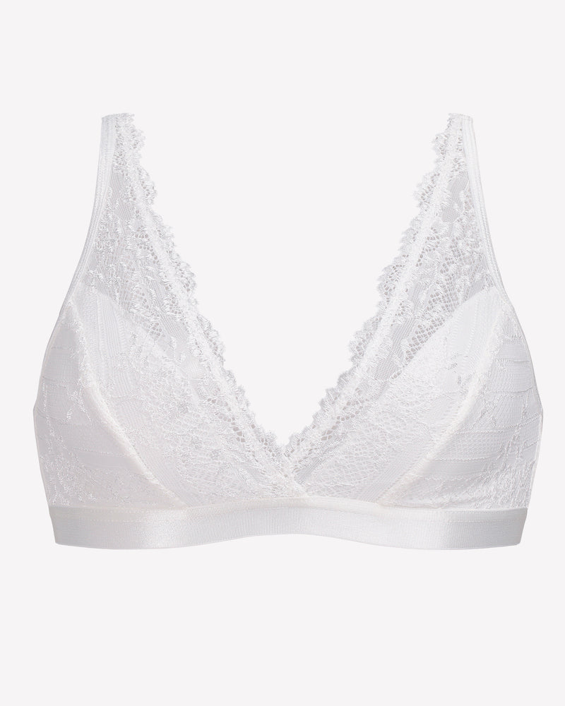 White lace wireless bralette with V-neck and scalloped trim