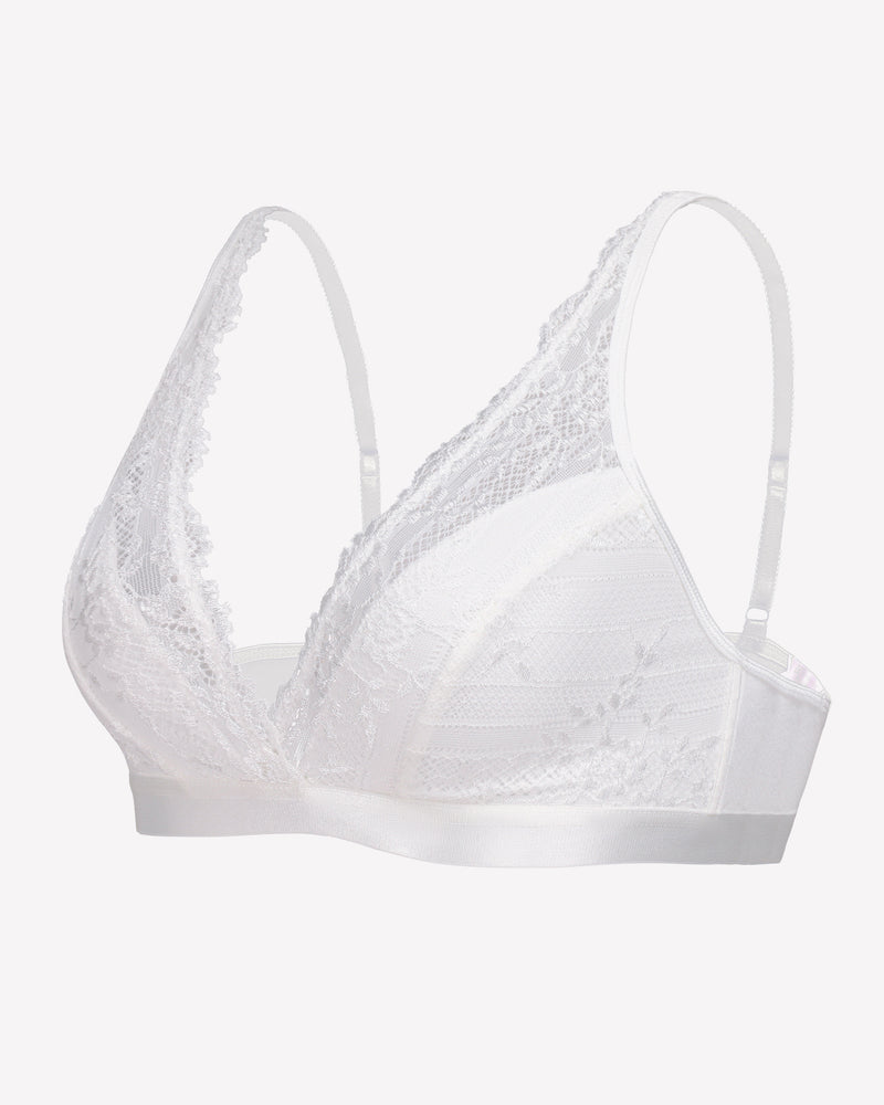 White lace wireless bralette with side profile and adjustable straps
