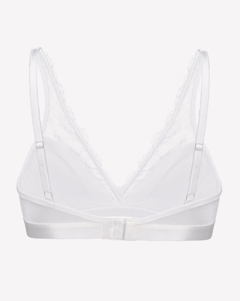 White lace wireless bralette with V-neck and front lace overlay