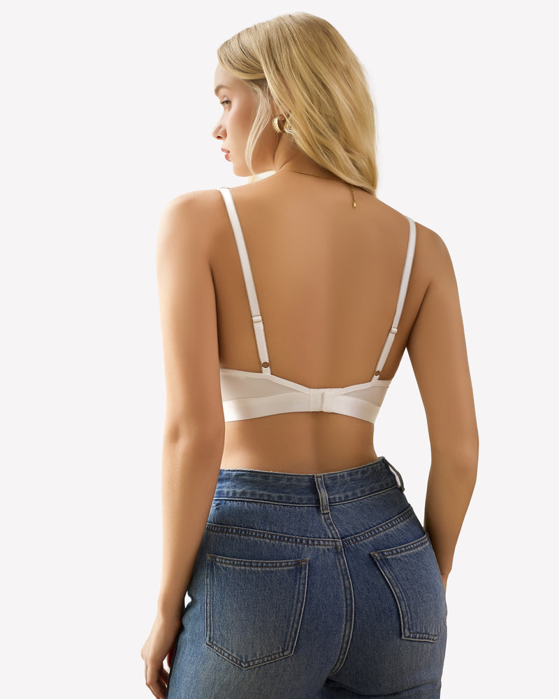 Light khaki lace wireless bralette back view with adjustable straps