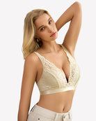 Light khaki lace wireless bralette worn on model, V-neck scalloped lace