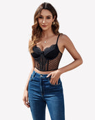 Black lace corset bustier top with V-neck, underwire cups, and thin straps
