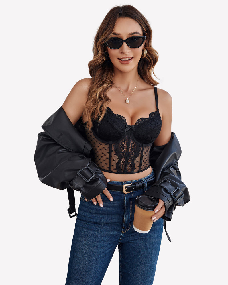 Black lace corset bustier top with underwire cups, bow detail, and spaghetti straps