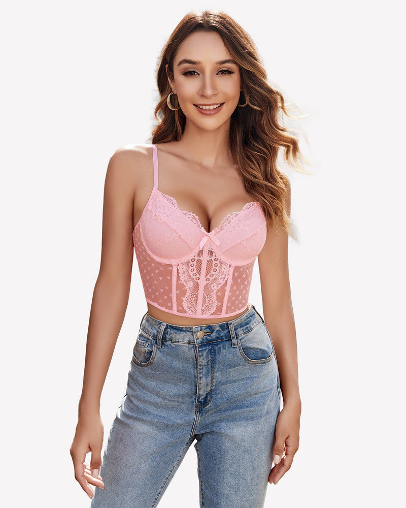 Pink lace corset bustier top with V-neck, underwire cups, and thin spaghetti straps