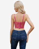 Pink lace corset bustier back view with thin adjustable straps