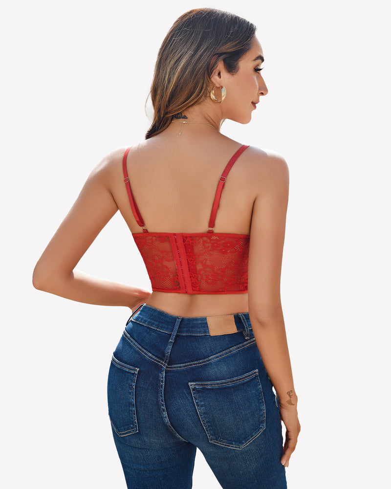 Red lace corset bustier back view with thin straps and vertical lace panel