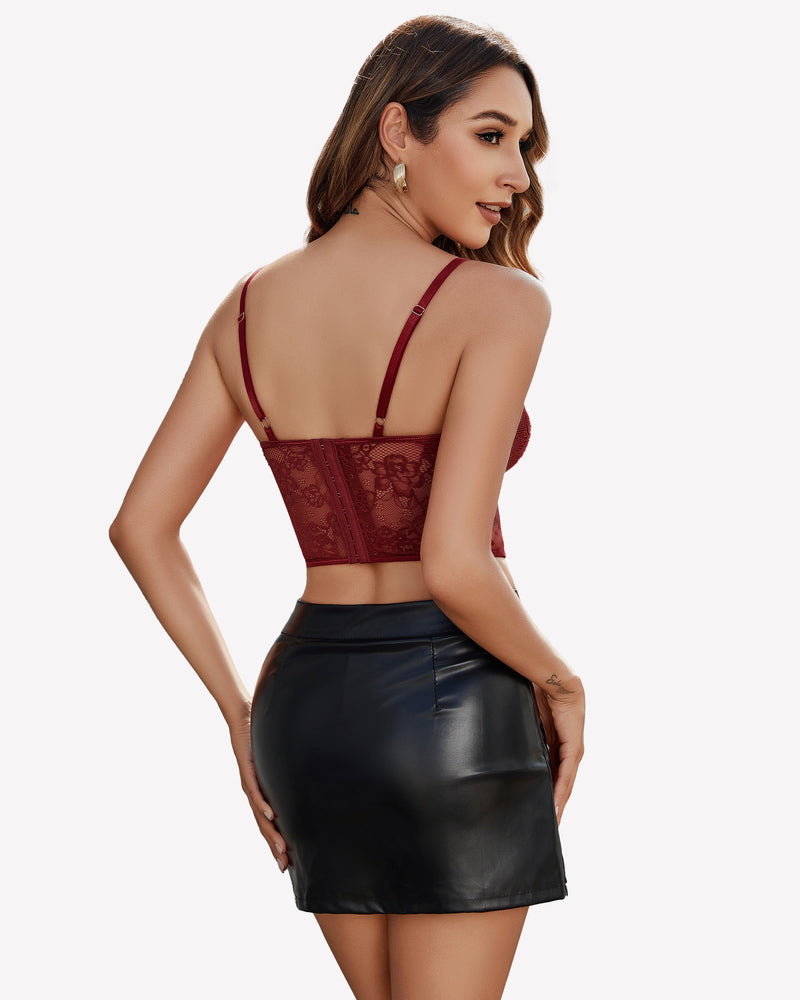 Burgundy lace corset bustier top with open back and adjustable thin straps