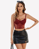 Burgundy lace corset bustier top with underwire cups and scalloped trim