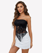 Black strapless lace tube crop camisole with center bow tie and sheer lace panel