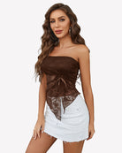 Brown strapless lace tube crop camisole with center bow tie and sheer lace panel